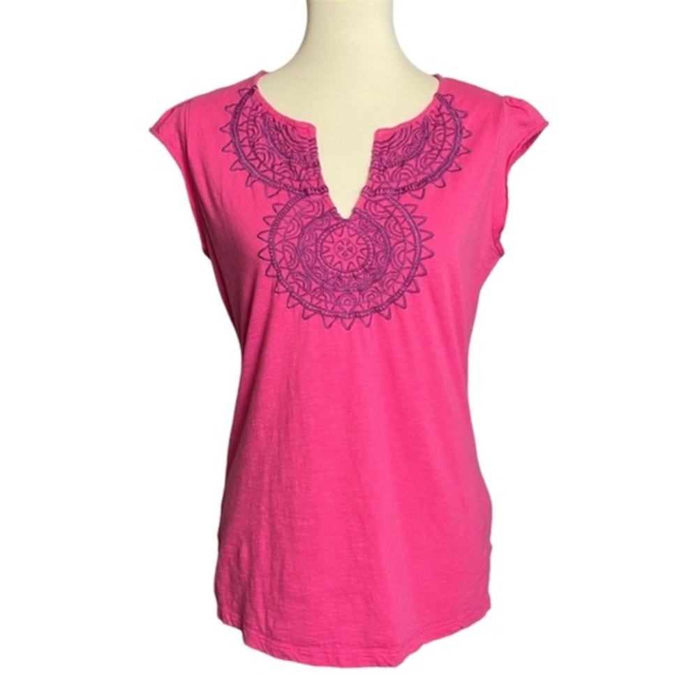 Women’s Pink Embroidered Notch-Neck Top